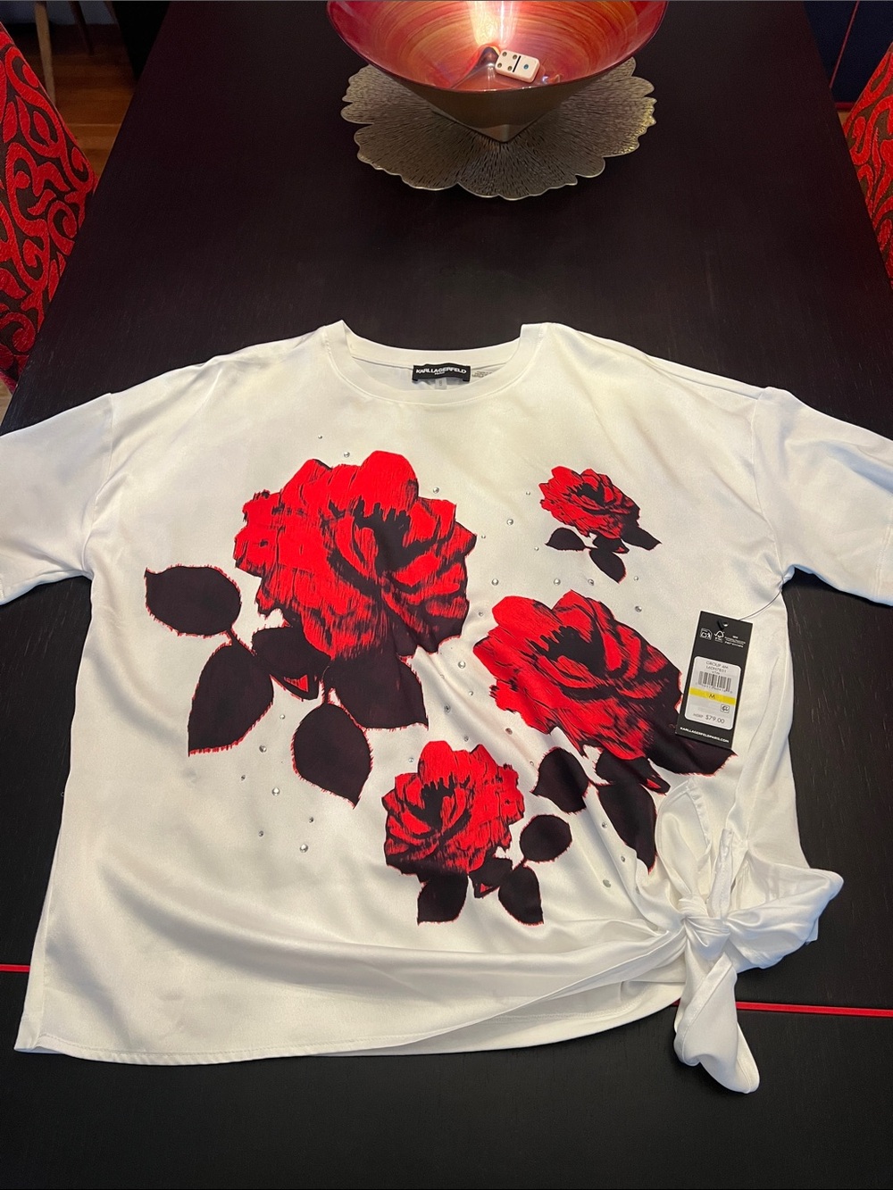 Karl Lagerfeld White Tee with Red Rose Print and Side Knot
